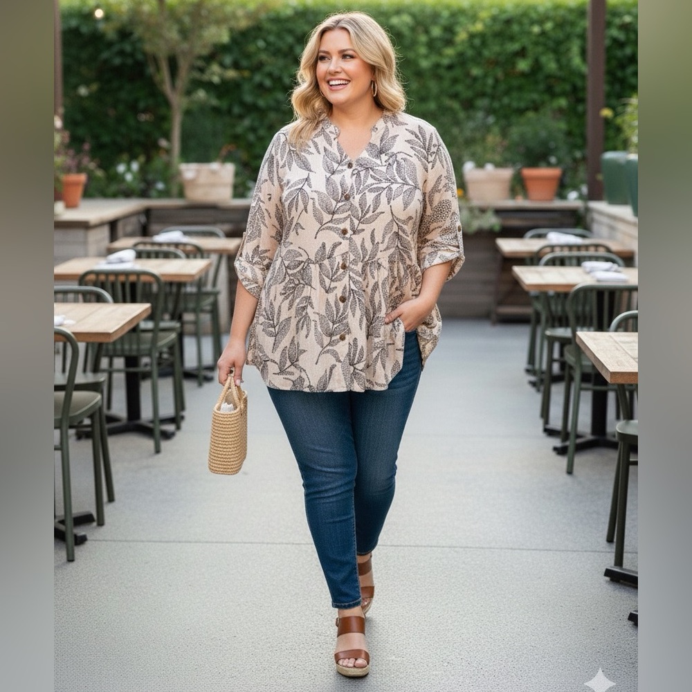 Indigo Rose Elegant Beige Leaf Print Blouse